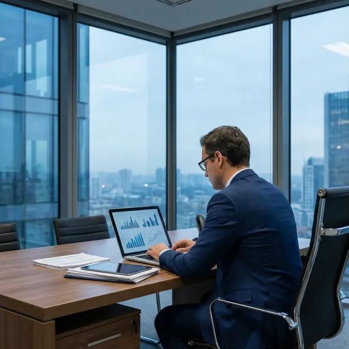 Tesorero realizando conciliación bancaria en laptop