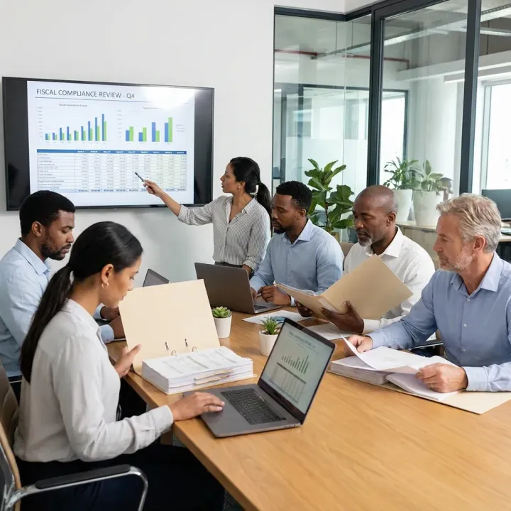 Equipo de contabilidad revisando cumplimiento fiscal en oficina