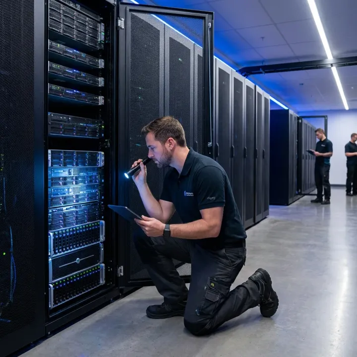 Técnico inspeccionando servidor en rack